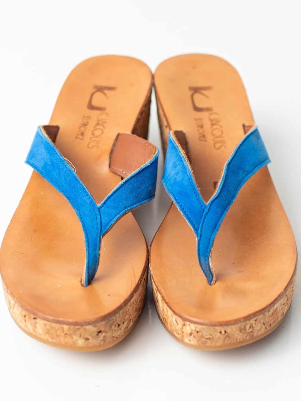 K Jacques St. Tropez Blue Leather Cork Wedge Thong Sandals EU 38 US 7.5-8